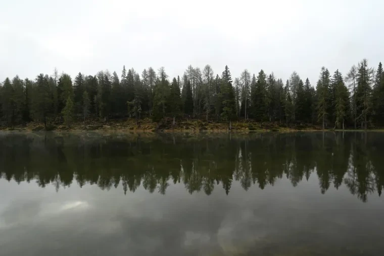 Landschaft – Dolomiten, See, Spiegelung, Nebel, Frühling