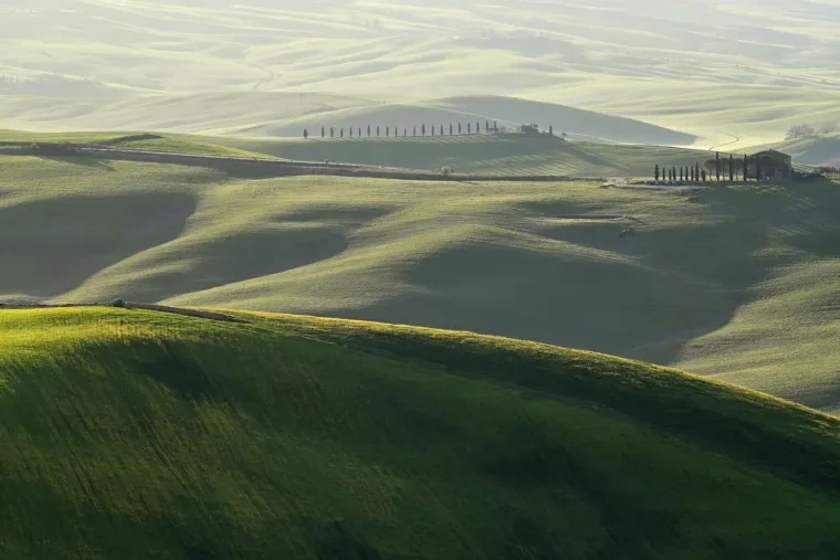 Landschaft – Toskana, Hügelland,Kulturlandschaft, Morgennebel,Morgenlicht,Mystisch, Frühling