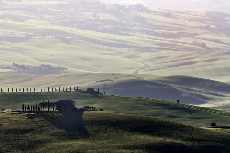 Landschaft – Toskana, Hügelland,Kulturlandschaft, Morgennebel,Morgenlicht,Mystisch, Frühling