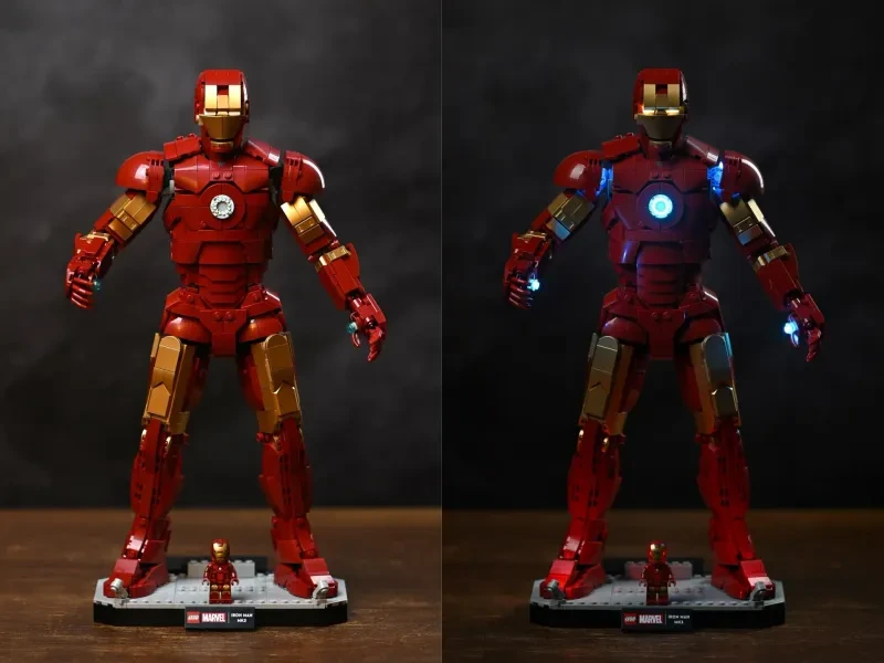 Vergleich der LEGO Iron Man Mark 3 Figur mit ausgeschaltetem und eingeschaltetem BriksMax-LED-Kit