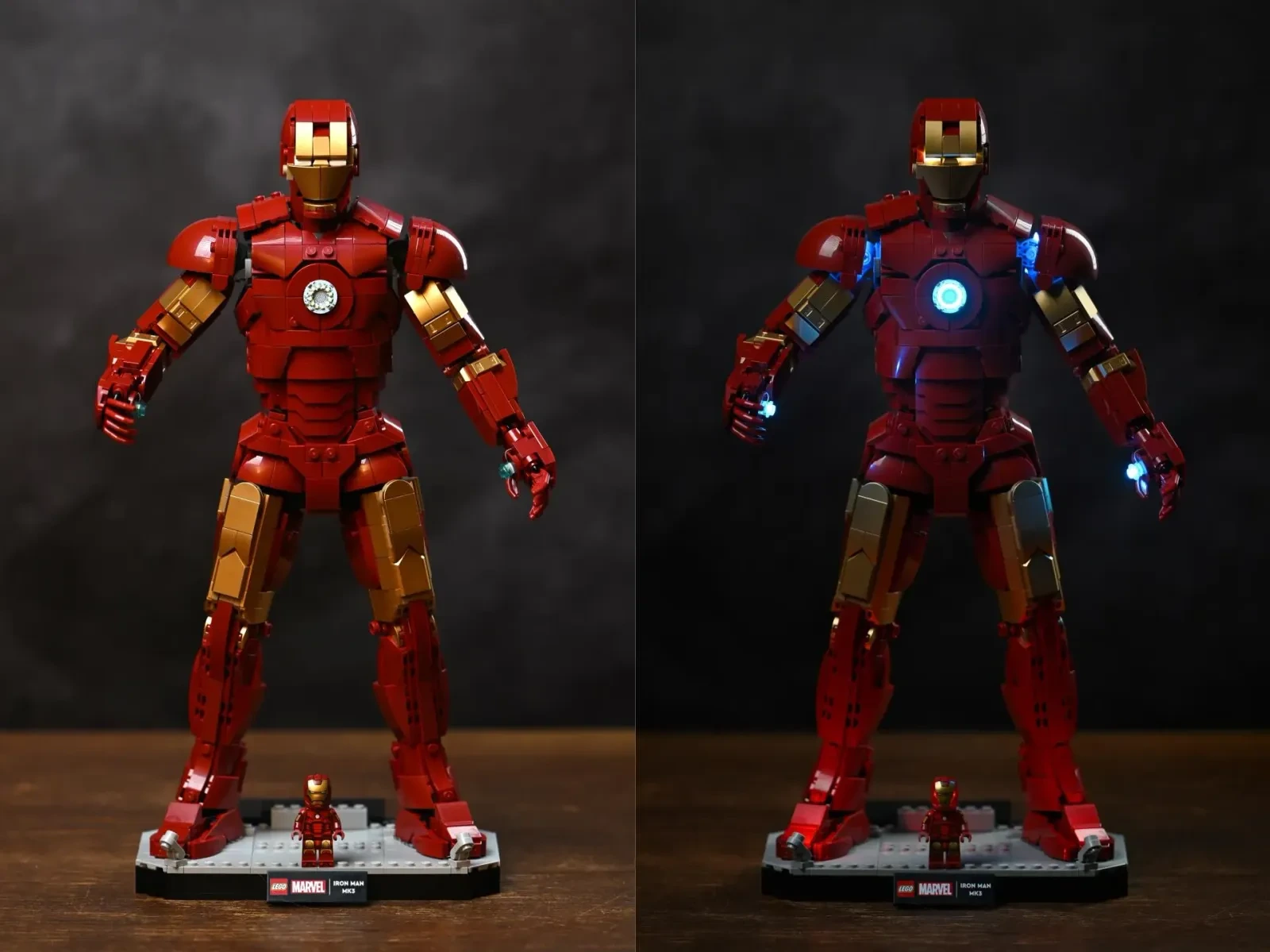 Vergleich der LEGO-Iron-Man-Mark-3-Figur mit ausgeschaltetem und eingeschaltetem BriksMax-LED-Kit, mit leuchtendem Brustreaktor, Augen und Handflächen-Repulsoren